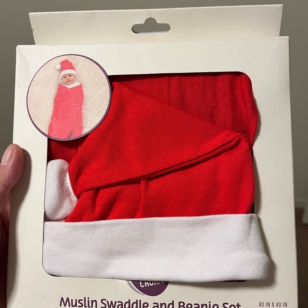 Festive Red and White Muslin Swaddle and Beanie Set
